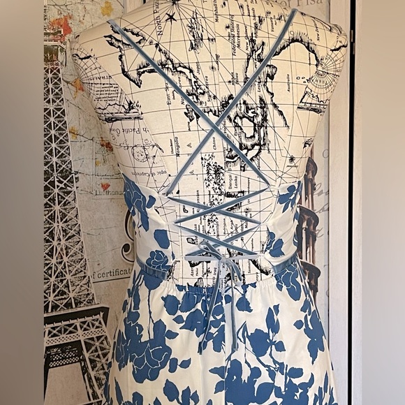 Boho Floral Blue On White Inlay With Velvet Adjustable Trim & Straps Midi Dress - Picture 7 of 11